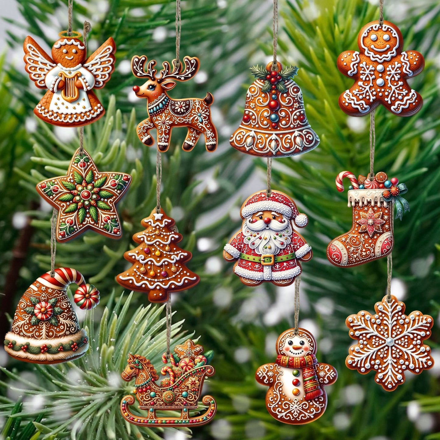 Traditional Wood Christmas Tree Decorations (12 Pack) - Halri