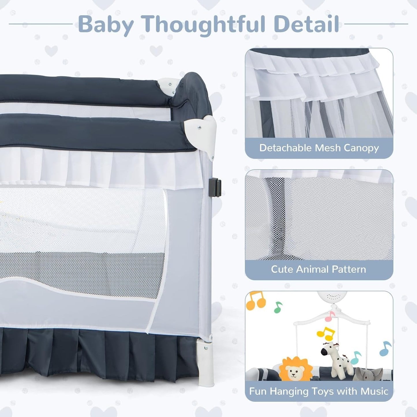Compact Baby Playpen Crib Bed with Music & Canopy