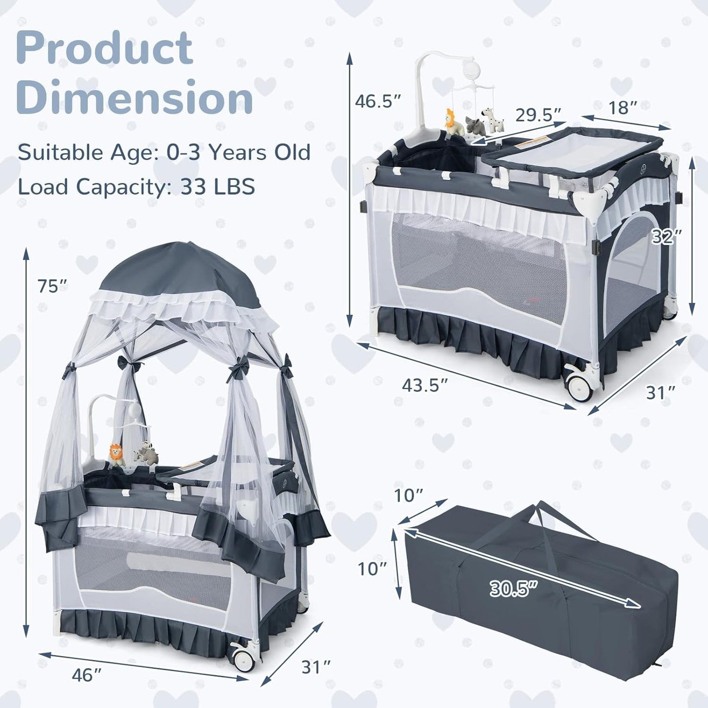 Compact Baby Playpen Crib Bed with Music & Canopy
