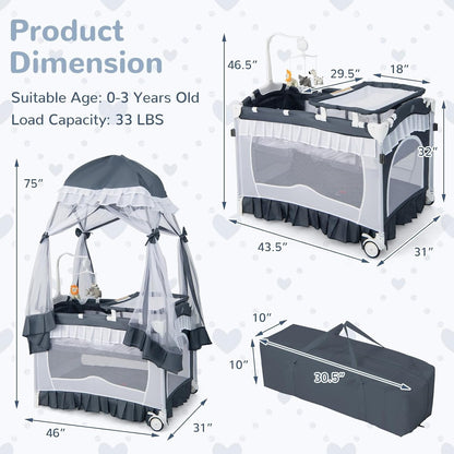 Compact Baby Playpen Crib Bed with Music & Canopy