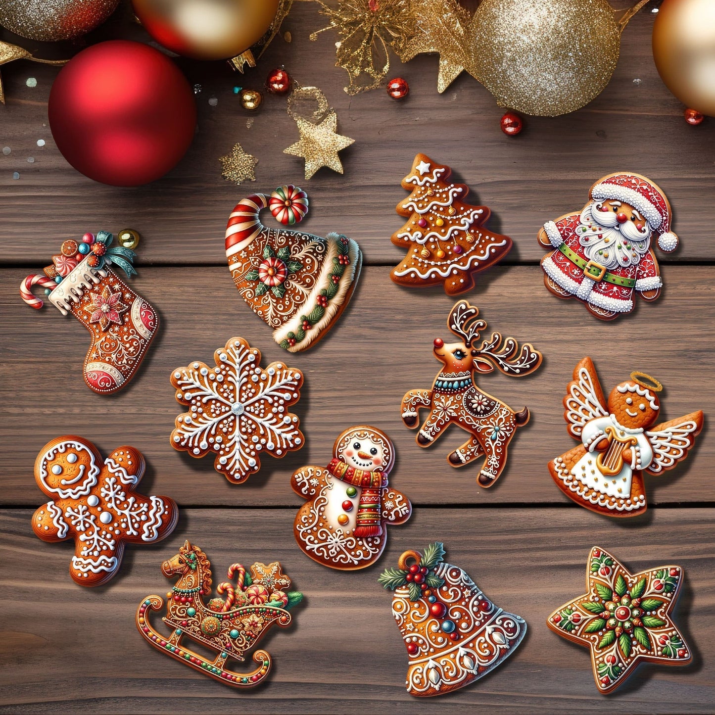 Traditional Wood Christmas Tree Decorations (12 Pack)