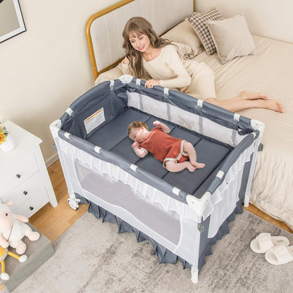 Compact Baby Playpen Crib Bed with Music & Canopy