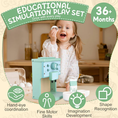 8Pcs Wooden Coffee Maker Toy Set, Kitchen Game Role Play, Safe for Ages 3+
