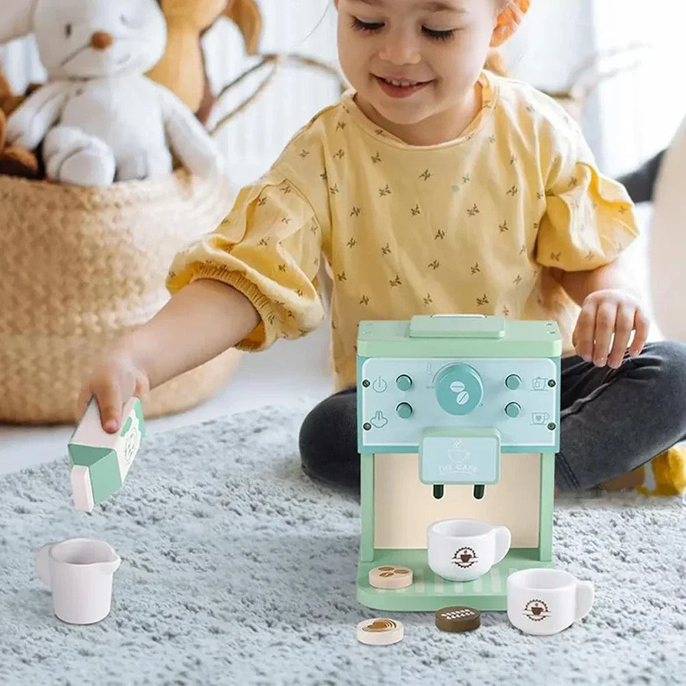 8Pcs Wooden Coffee Maker Toy Set, Kitchen Game Role Play, Safe for Ages 3+