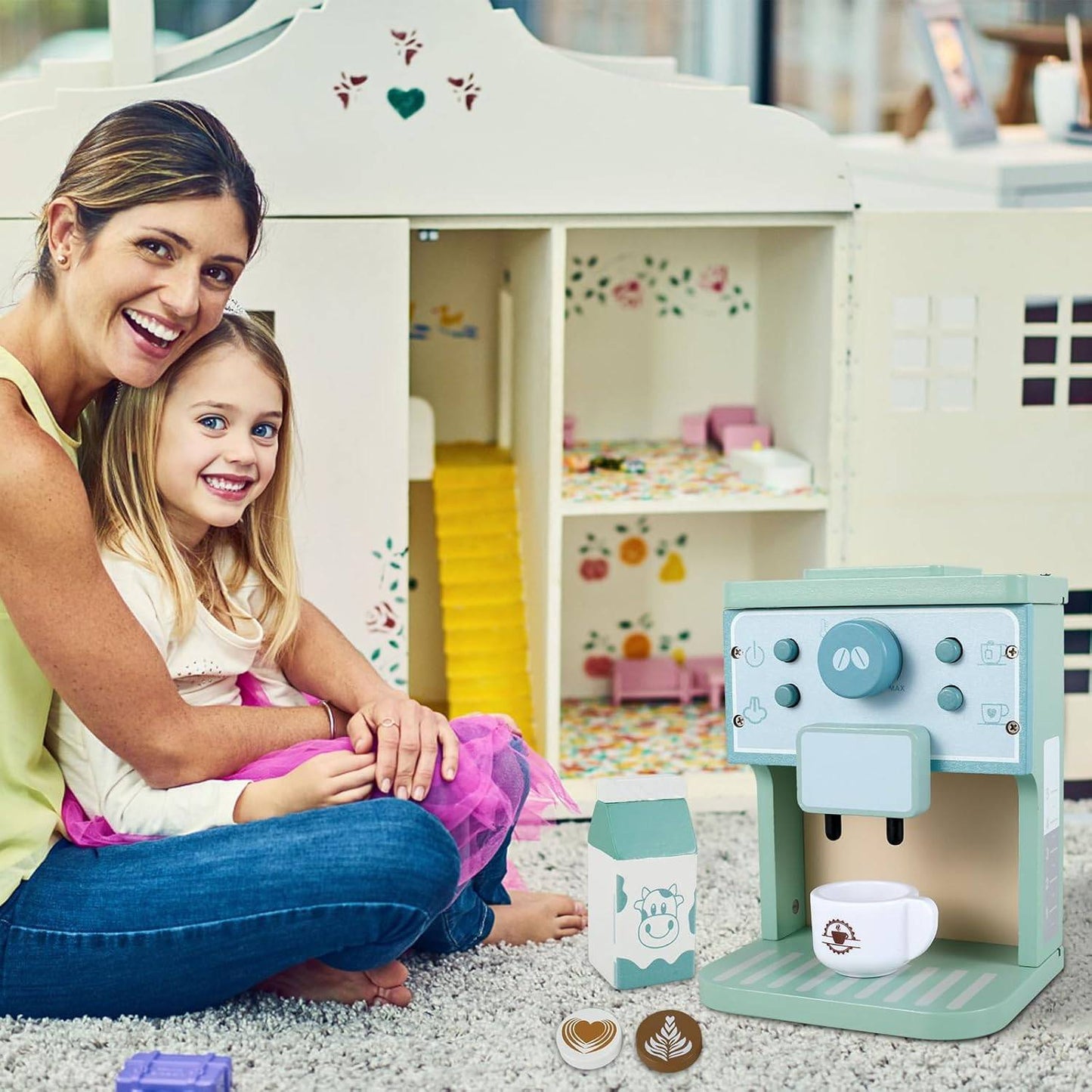 8Pcs Wooden Coffee Maker Toy Set, Kitchen Game Role Play, Safe for Ages 3+