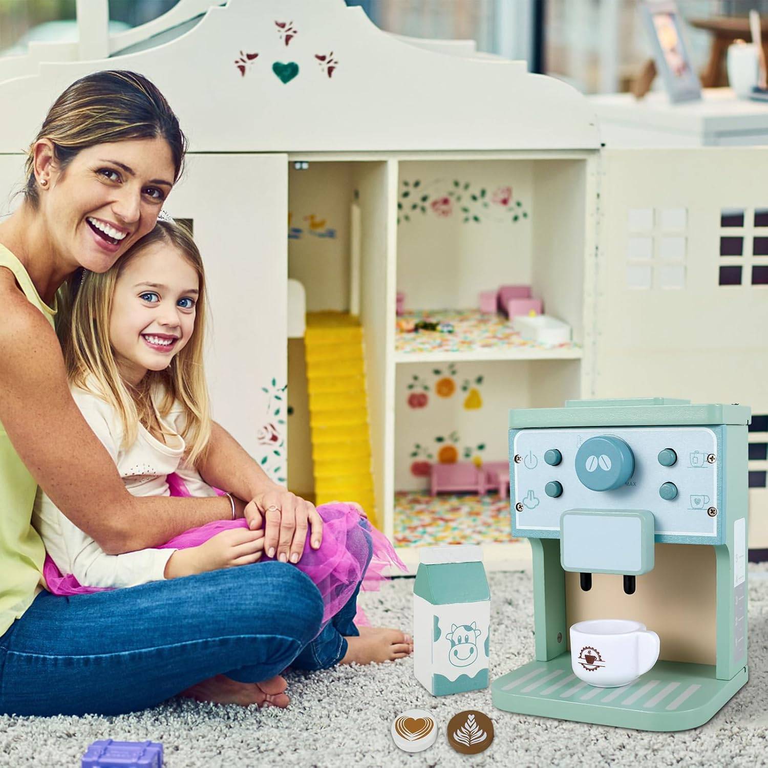8Pcs Wooden Coffee Maker Toy Set, Kitchen Game Role Play, Safe for Ages 3+