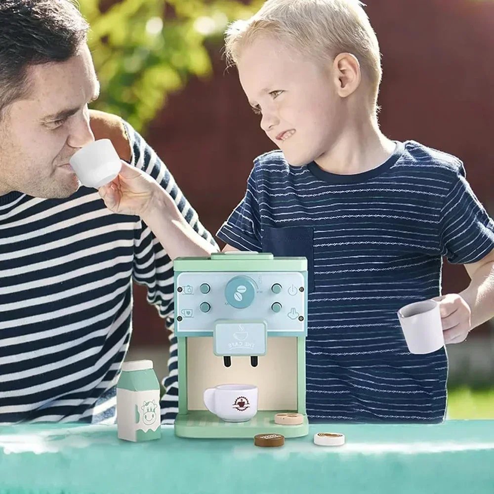 8Pcs Wooden Coffee Maker Toy Set, Kitchen Game Role Play, Safe for Ages 3+