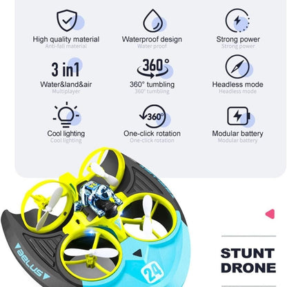 Amphibious RC Toy with 3-in-1 Air, Land & Water Modes, 360° Flips & Rotations, LED Lights for Night Flying, Safe for Ages 8+