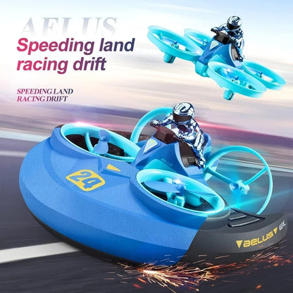 Amphibious RC Toy with 3-in-1 Air, Land & Water Modes, 360° Flips & Rotations, LED Lights for Night Flying, Safe for Ages 8+