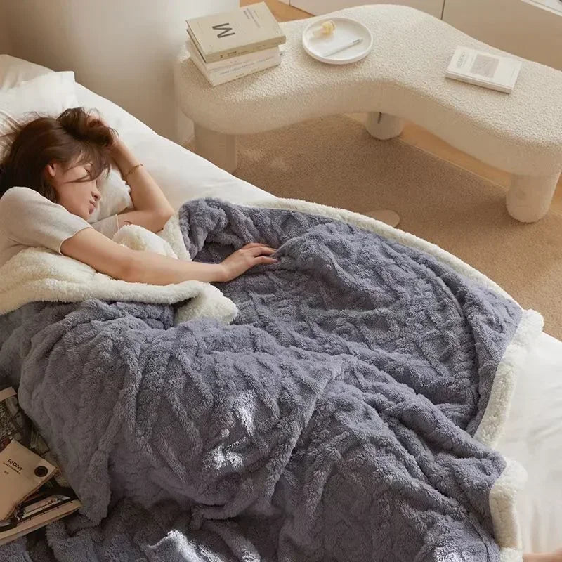 Warm Plush Throw Blanket with Thick Wool Layer