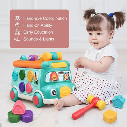 Colorful Baby Bus Learning Toy with Shape Sorter, Whack-a-Mole Game, Musical Steering Wheel, Safe for Ages 3+