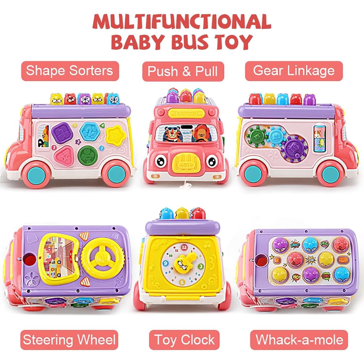 Colorful Baby Bus Learning Toy with Shape Sorter, Whack-a-Mole Game, Musical Steering Wheel, Safe for Ages 3+