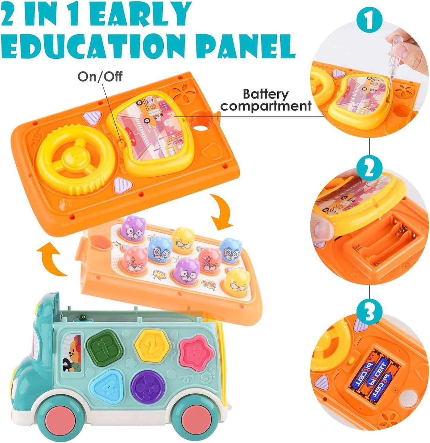 Colorful Baby Bus Learning Toy with Shape Sorter, Whack-a-Mole Game, Musical Steering Wheel, Safe for Ages 3+