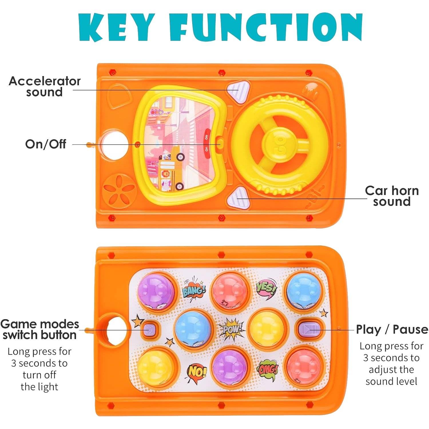 Colorful Baby Bus Learning Toy with Shape Sorter, Whack-a-Mole Game, Musical Steering Wheel, Safe for Ages 3+