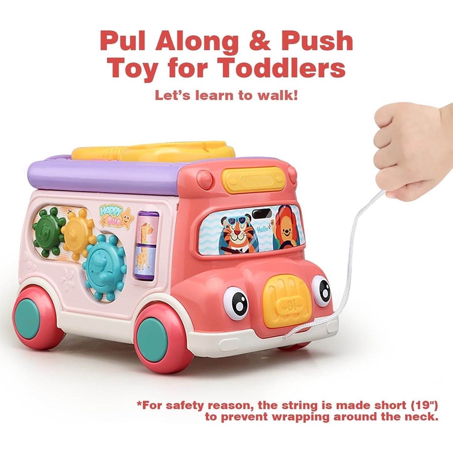 Colorful Baby Bus Learning Toy with Shape Sorter, Whack-a-Mole Game, Musical Steering Wheel, Safe for Ages 3+