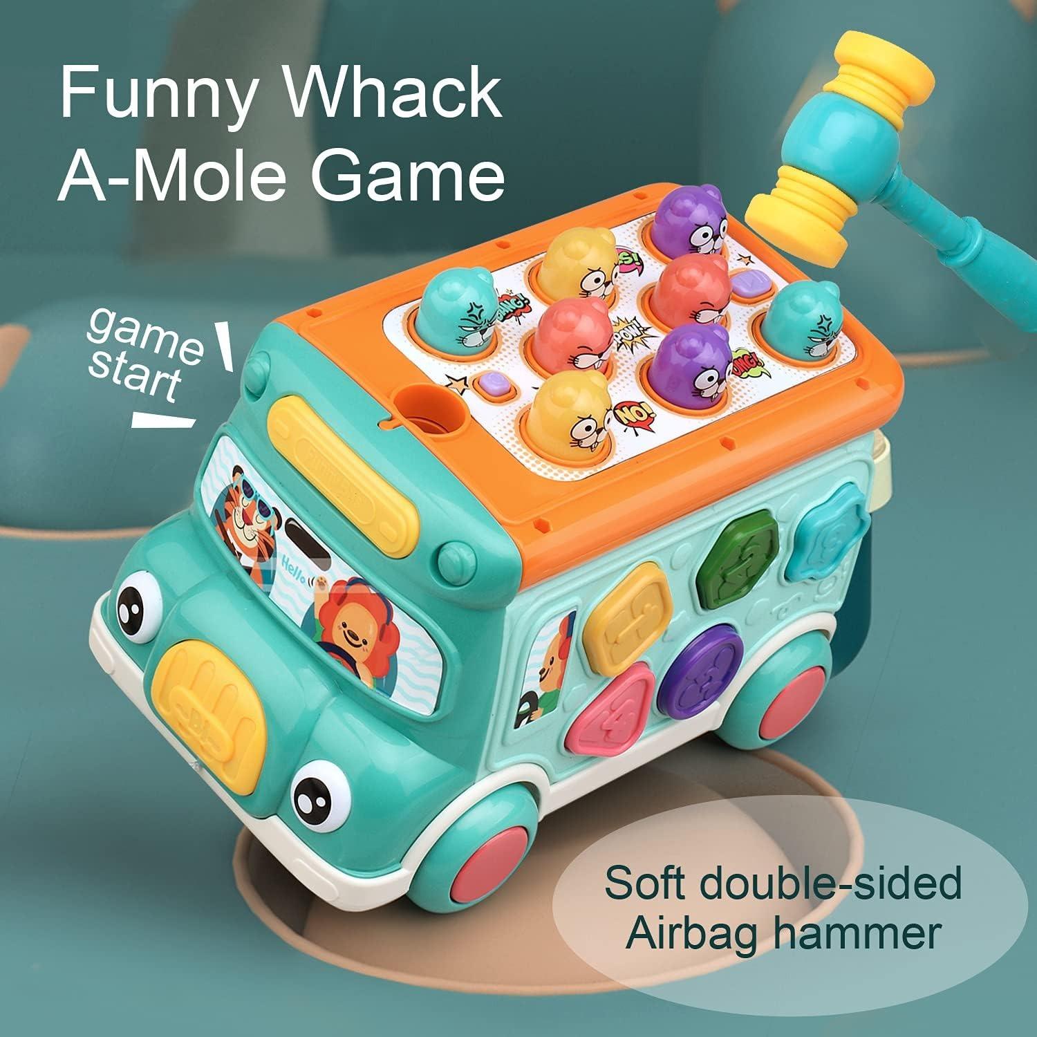 Colorful Baby Bus Learning Toy with Shape Sorter, Whack-a-Mole Game, Musical Steering Wheel, Safe for Ages 3+