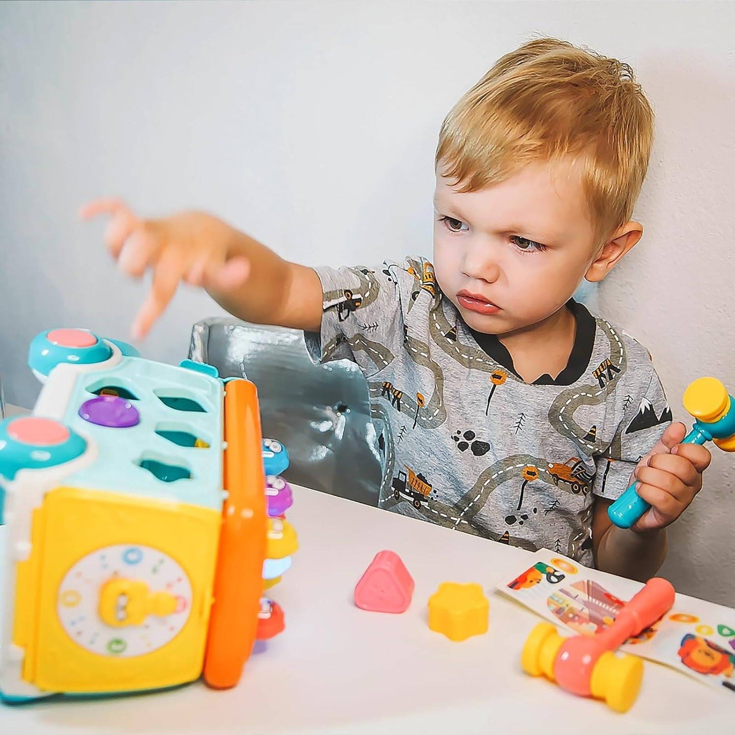 Colorful Baby Bus Learning Toy with Shape Sorter, Whack-a-Mole Game, Musical Steering Wheel, Safe for Ages 3+