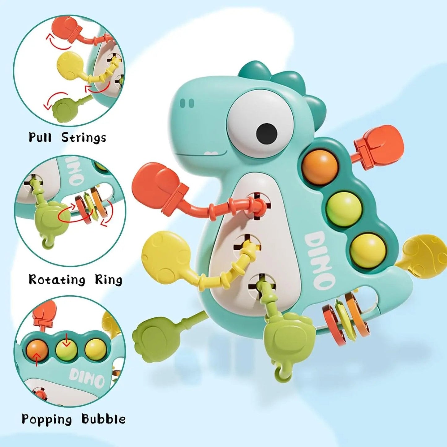 Dinosaur Busy Board Toy with Montessori-Inspired Design, Pull Strings, Multi-Color, Safe for Months 6+