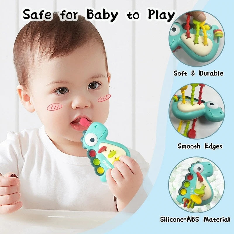Dinosaur Busy Board Toy with Montessori-Inspired Design, Pull Strings, Multi-Color, Safe for Months 6+