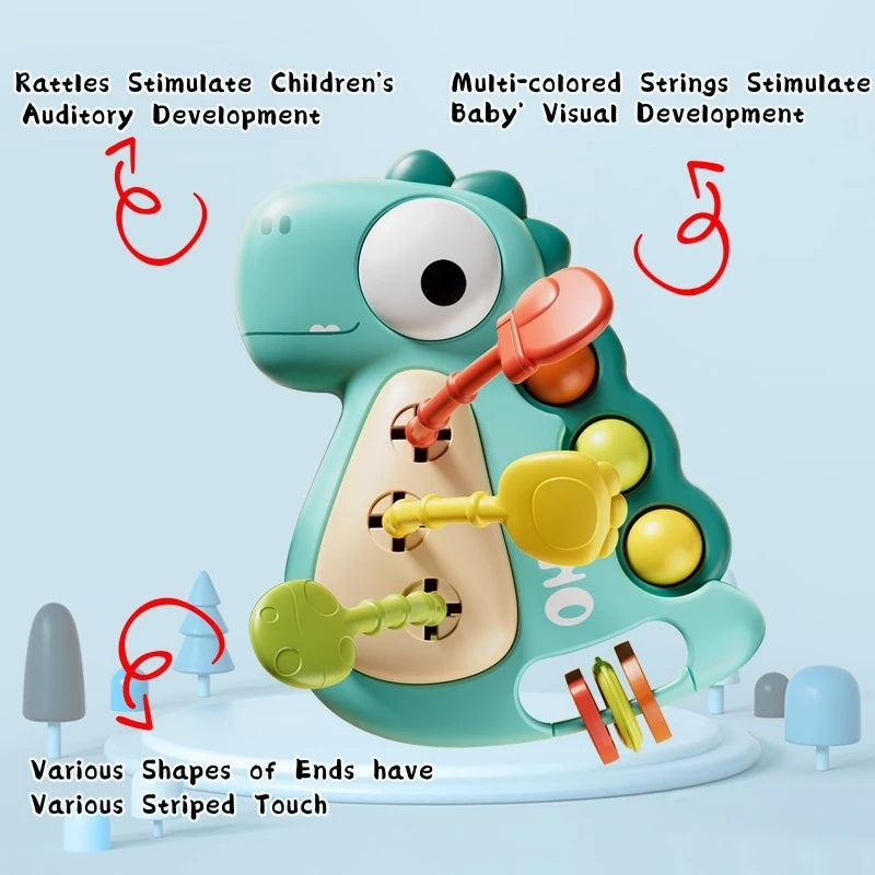 Dinosaur Busy Board Toy with Montessori-Inspired Design, Pull Strings, Multi-Color, Safe for Months 6+