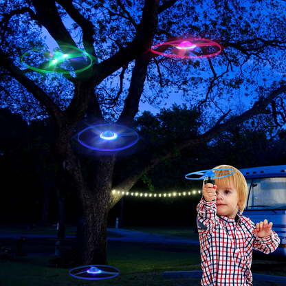 Flying Disc Launcher with Colorful LED Lights, Pull String Indoor & Outdoor Games, Safe for Ages 3+
