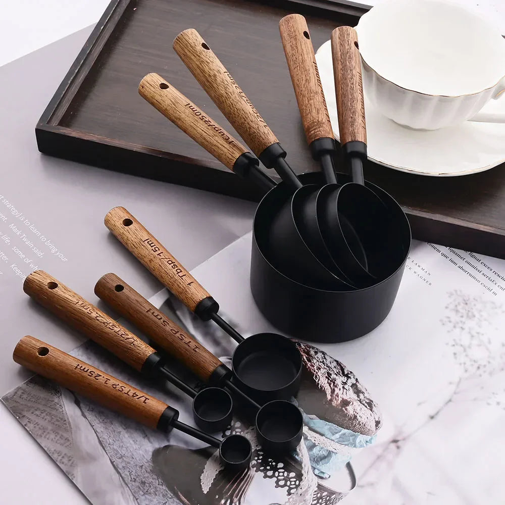 Premium Metal Measuring Cups and Spoon Set with Wood Handles - Halri