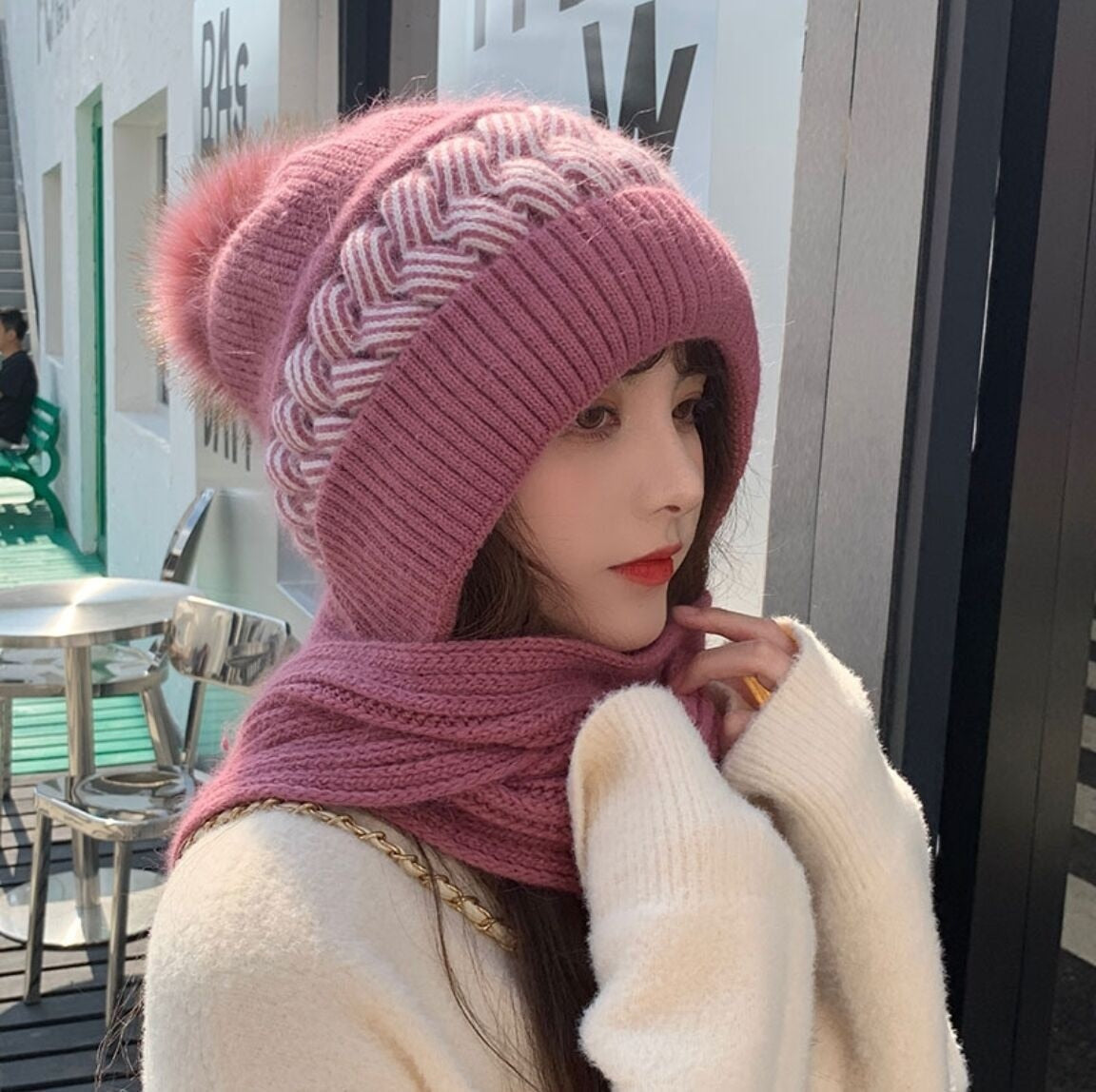 Warm Reversible Wool Scarf Hat Set