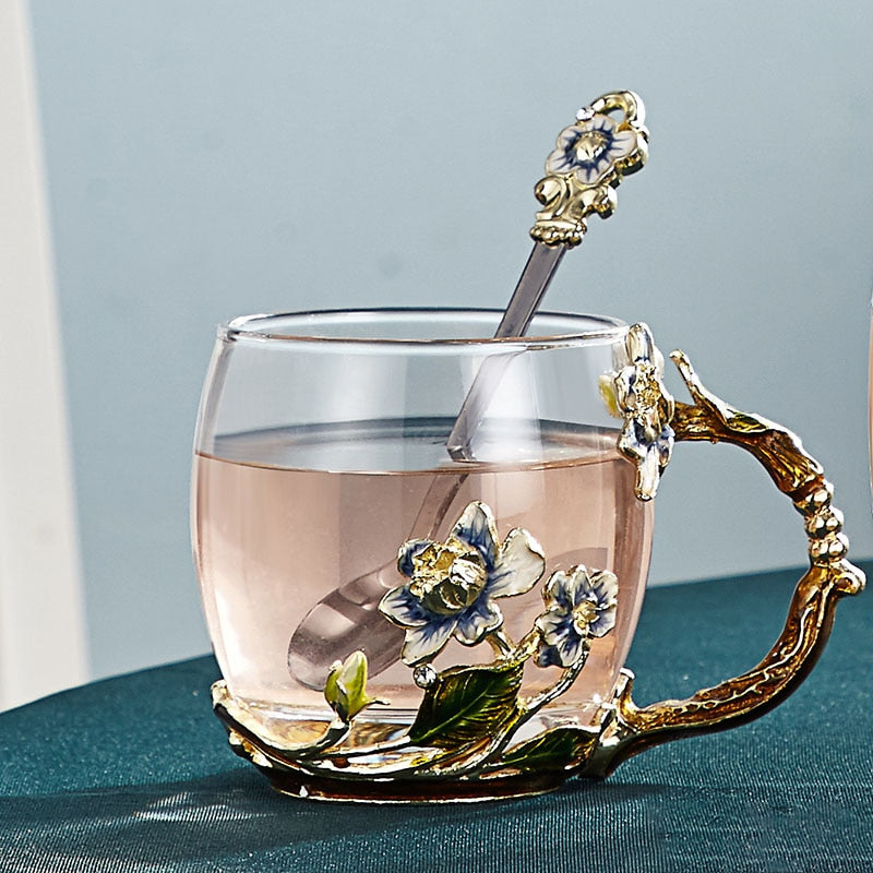 Romantic Floral Glass Mug for Coffee Tea Lovers - Halri