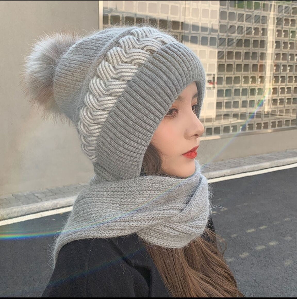 Warm Reversible Wool Scarf Hat Set