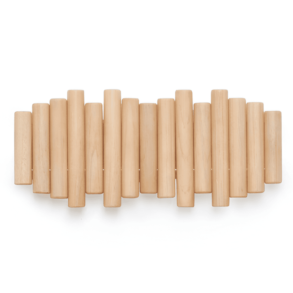 Wooden wall hook with cylindrical design on a white background