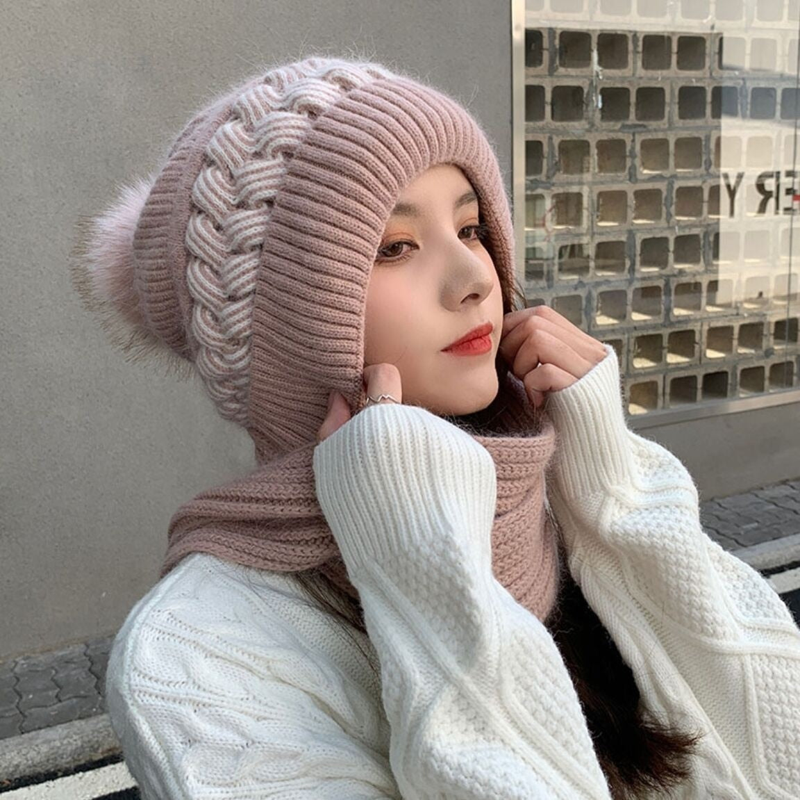 Warm Reversible Wool Scarf Hat Set