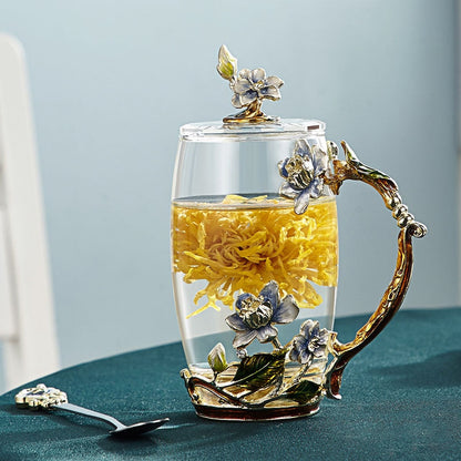 Romantic Floral Glass Mug for Coffee Tea Lovers