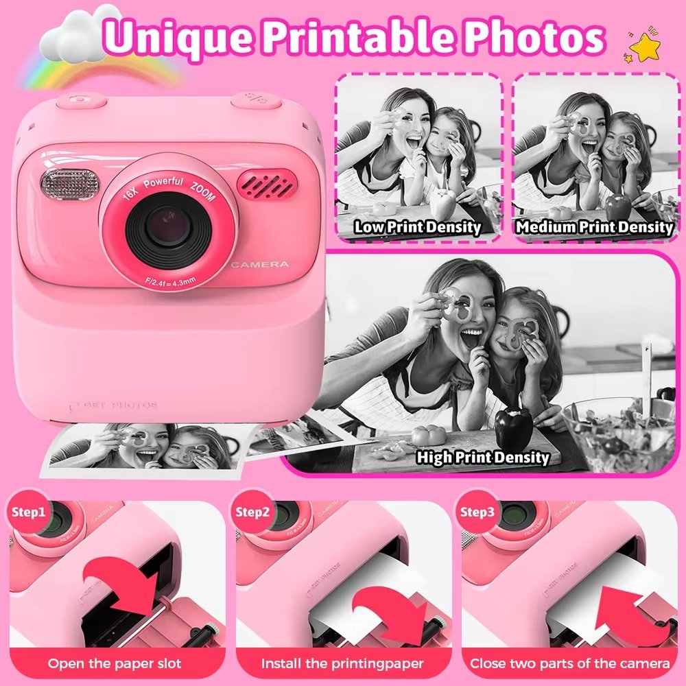 Instant Print Kids Digital Camera with 1080P HD Dual Lenses and 32GB SD Card