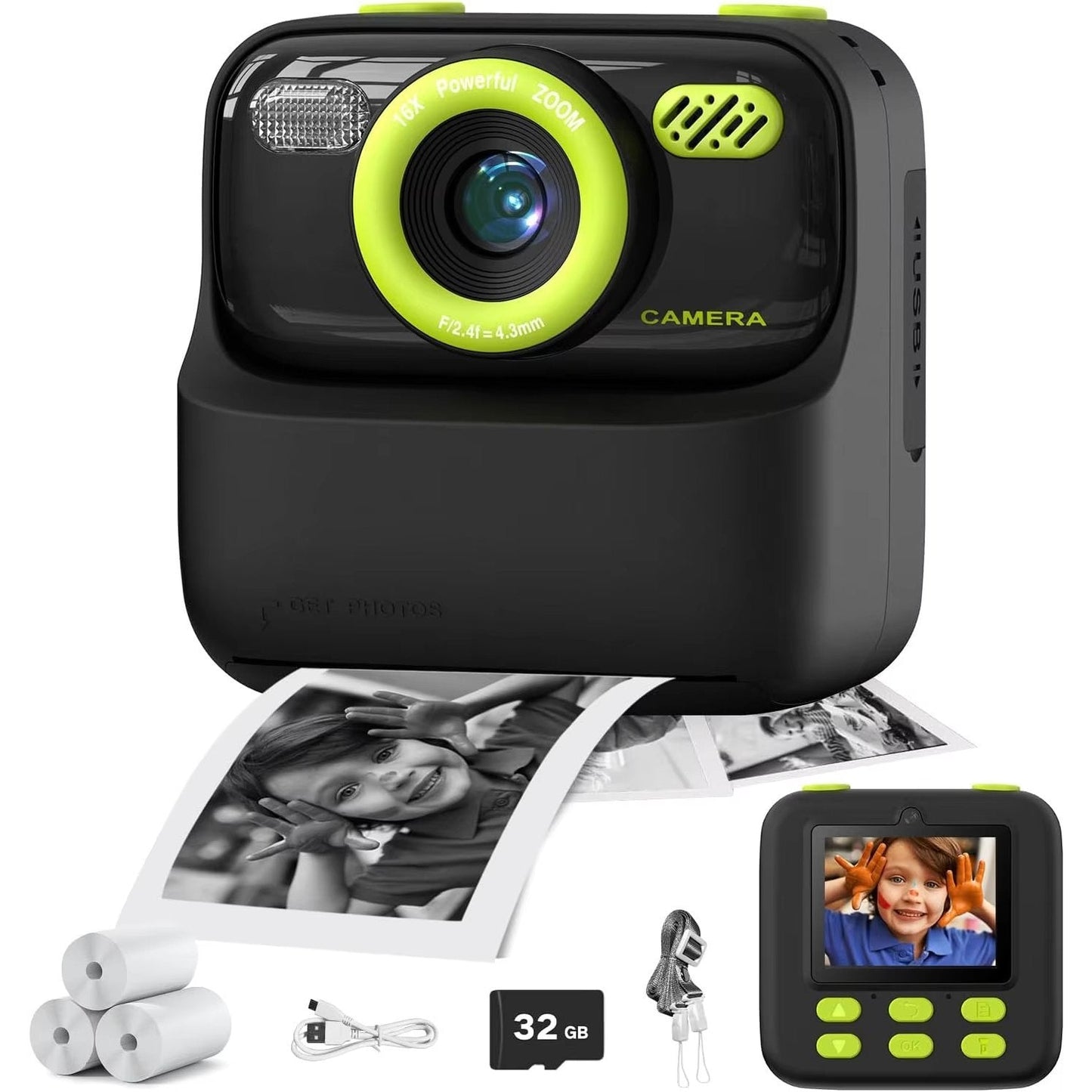 Instant Print Kids Digital Camera with 1080P HD Dual Lenses and 32GB SD Card