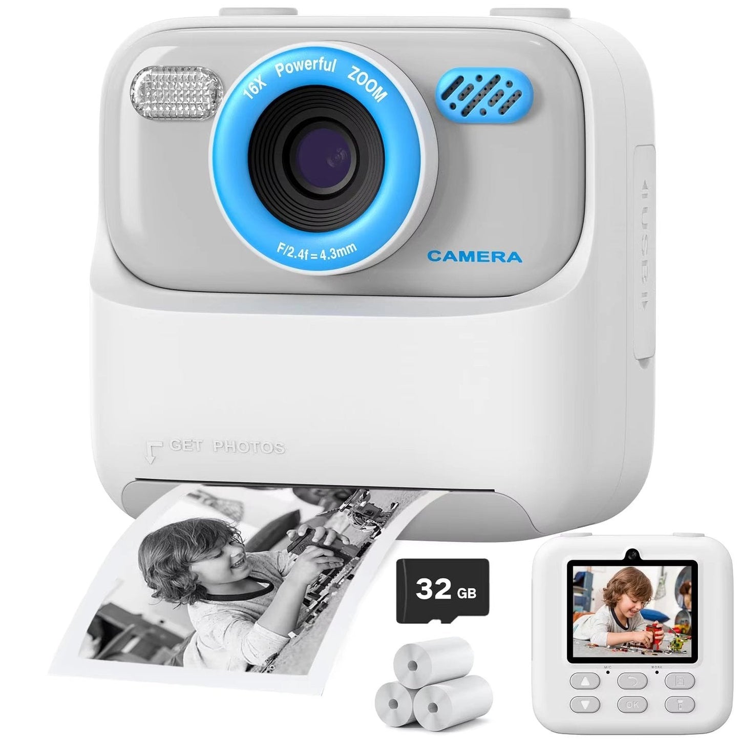 Instant Print Kids Digital Camera with 1080P HD Dual Lenses and 32GB SD Card