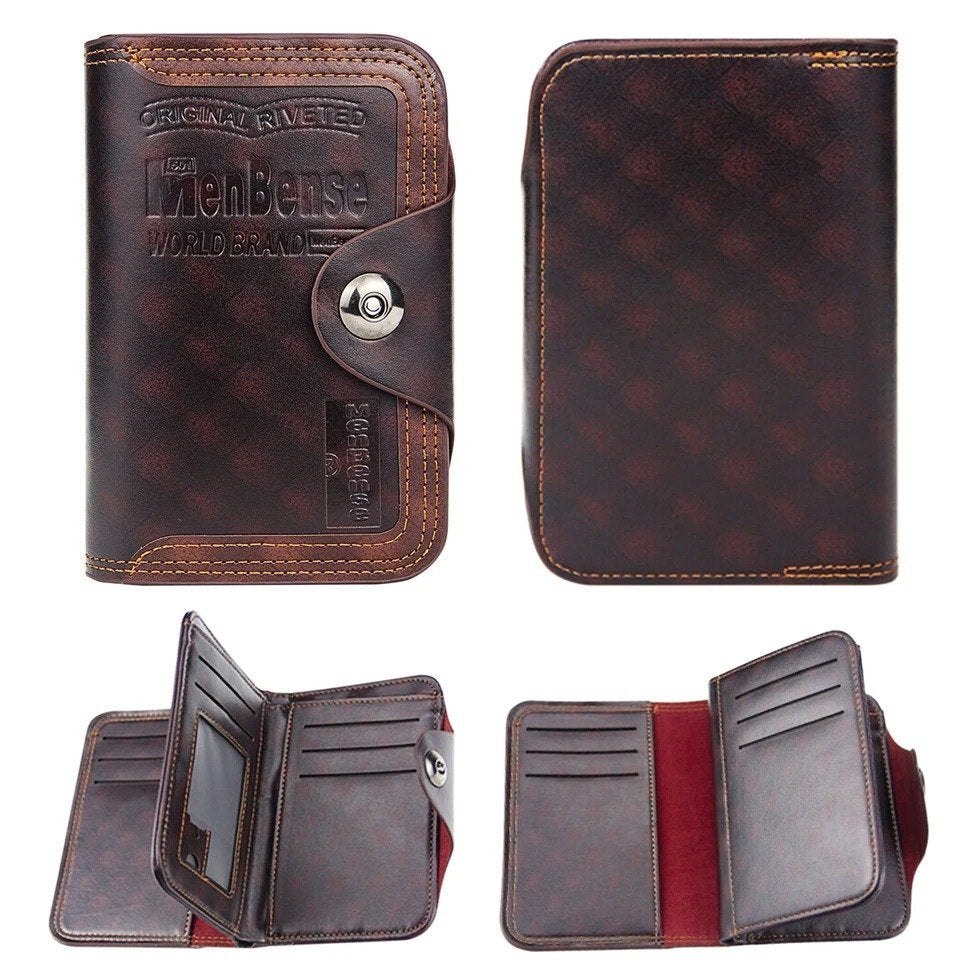 Large-capacity Tri-fold Men’s Wallet in Leather with Multiple Compartments, Snap Button Closure and a Compact, Easy-to-Carry Design