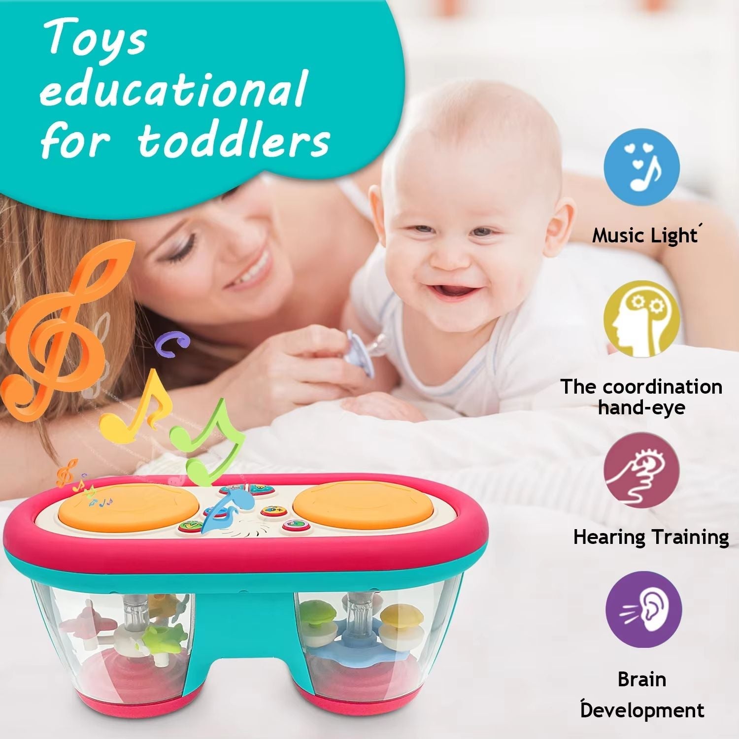 Little Pulse Music Drum – Educational Baby Drum Toy with Lights and 360° Rotation
