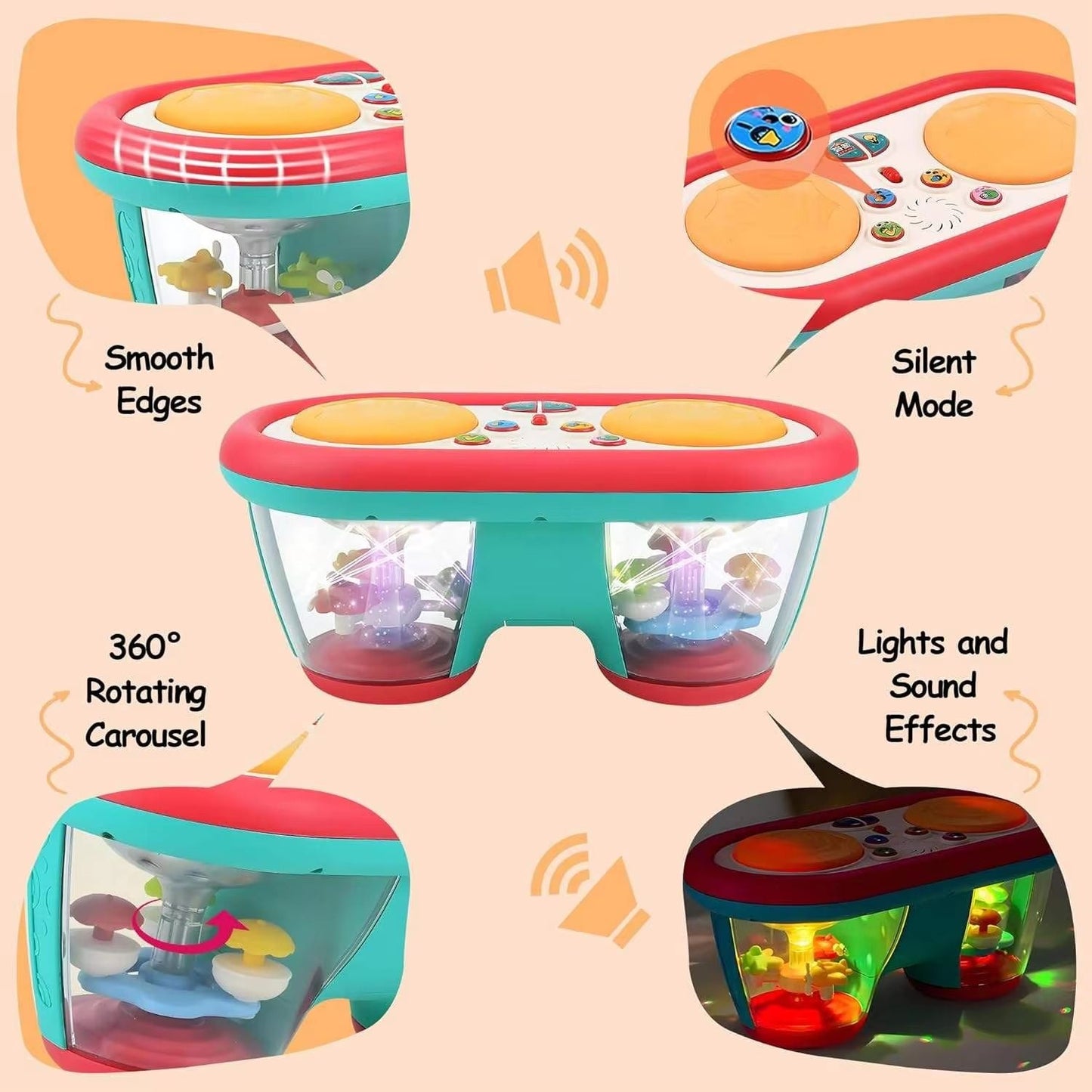 Little Pulse Music Drum – Educational Baby Drum Toy with Lights and 360° Rotation