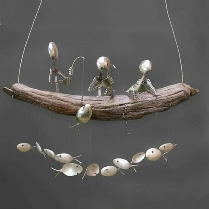 Lovely Fishing Man Spoon Fish Sculpture Wind Chime