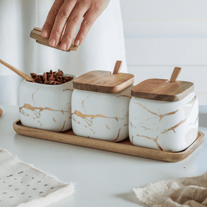 Elegant Ceramic Spice Jar Set with Wood Base - Halri