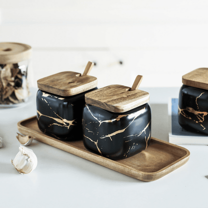 Luxury Porcelain Spice Jars Set with Wooden Tray - Modern Marble Design, Airtight Spice Containers for Kitchen Organization 3