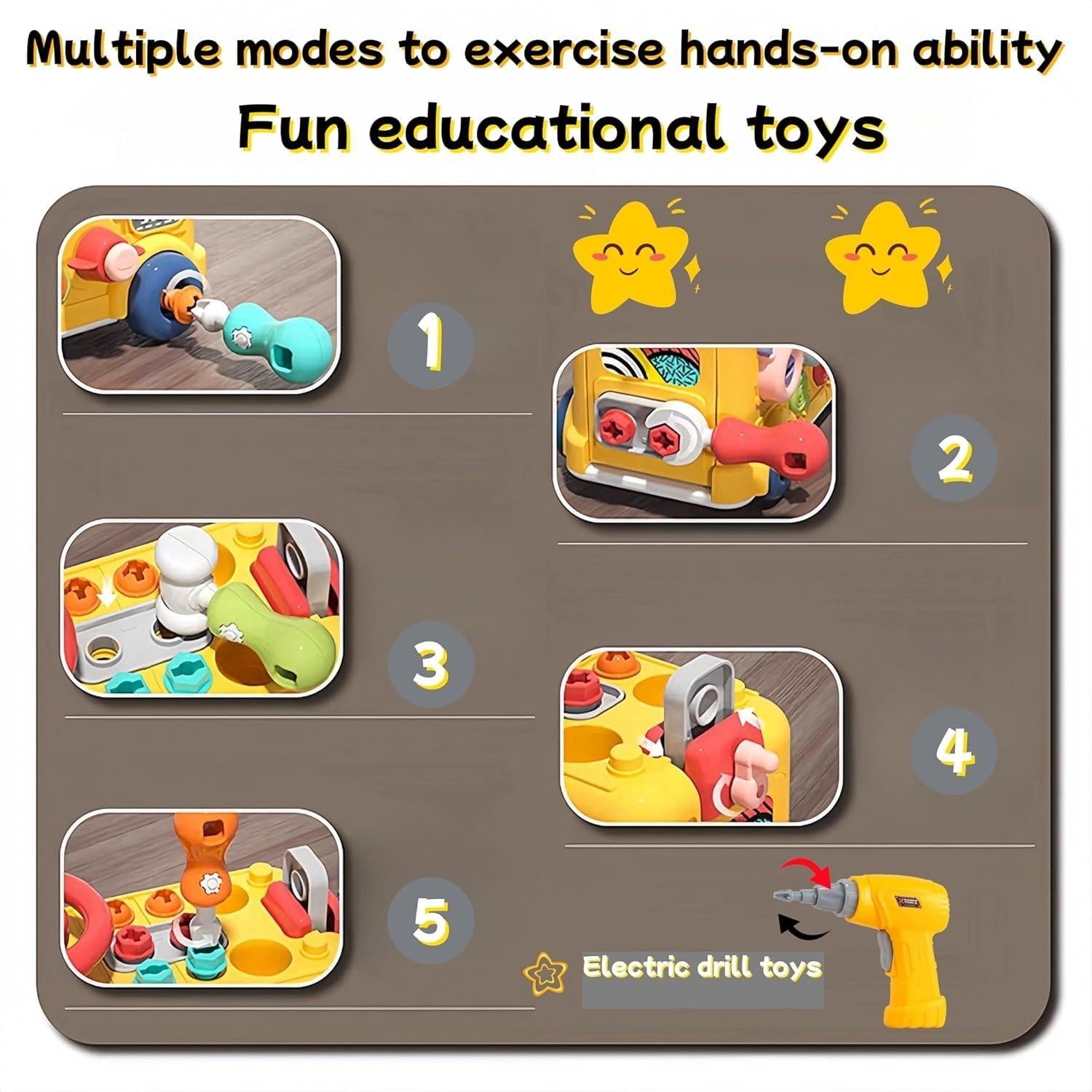 Montessori Activity Repair Bus Toy with Fine Motor Skills, Gear Matching & Creative Tool Play for Ages 1+