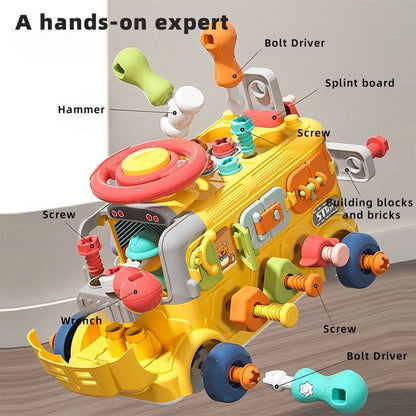 Montessori Activity Repair Bus Toy with Fine Motor Skills, Gear Matching & Creative Tool Play for Ages 1+