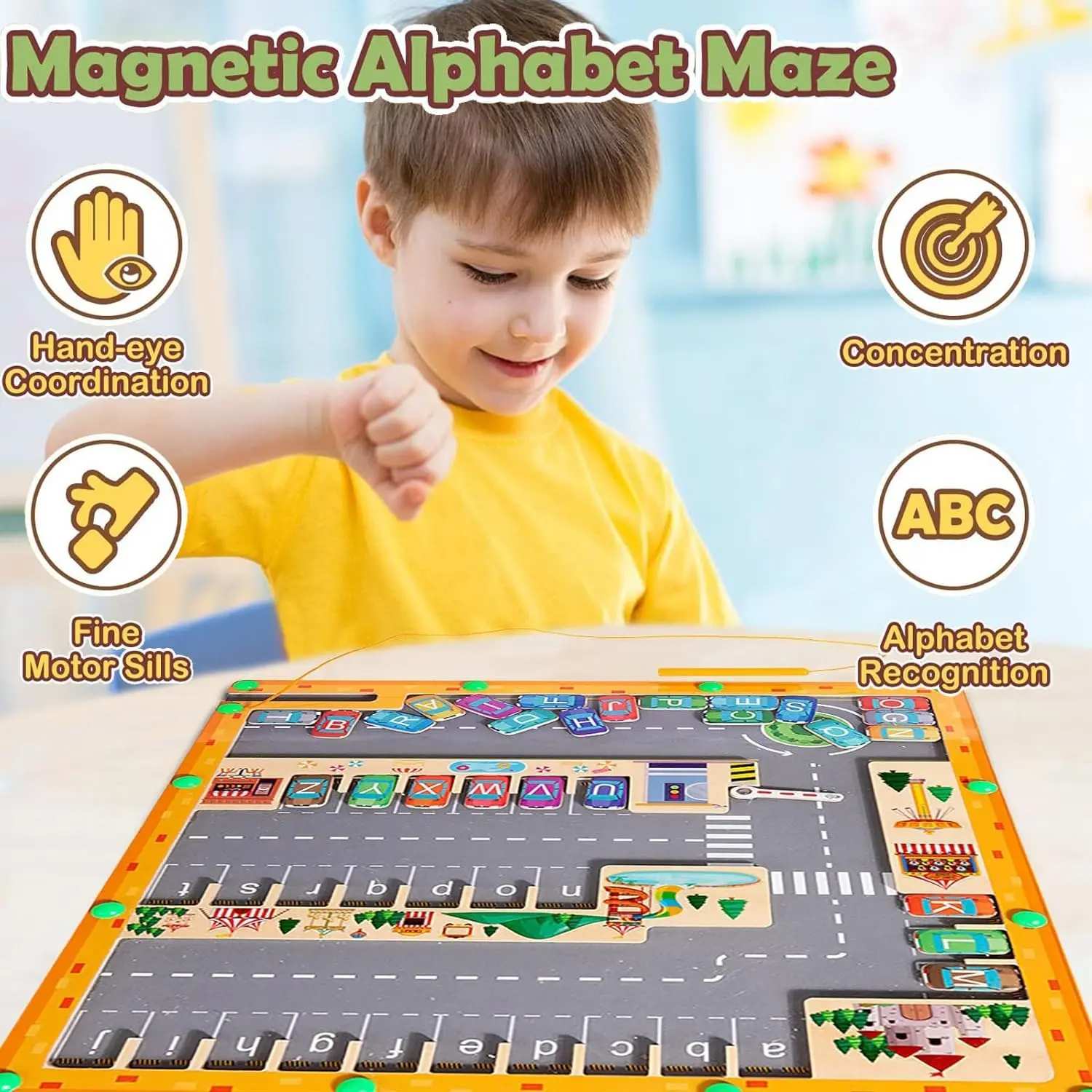 Montessori Magnetic Alphabet Maze Letter, Parking Lot Puzzles Game, Education Toy, Safe for Ages 2+
