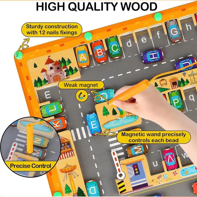 Montessori Magnetic Alphabet Maze Letter, Parking Lot Puzzles Game, Education Toy, Safe for Ages 2+