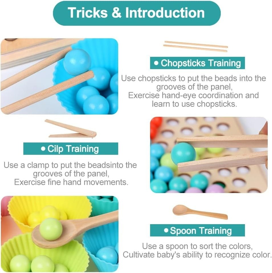 Montessori Wooden Bead Game with Color Recognition and Fine Motor Skills Training, Safe for Ages 3+