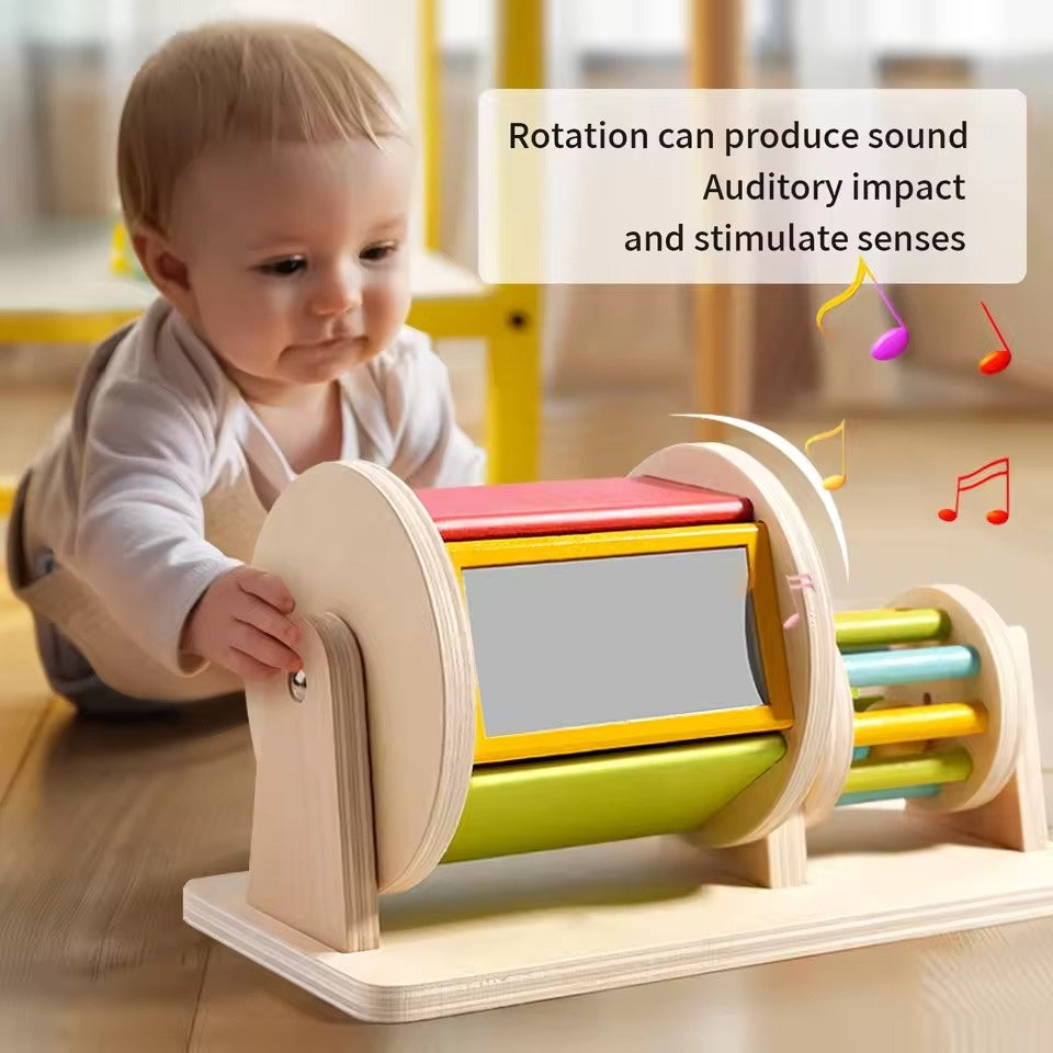 Montessori Wooden Rolling Drum Toy with Acrylic Mirror, Calming Sound, Safe for Ages 3+