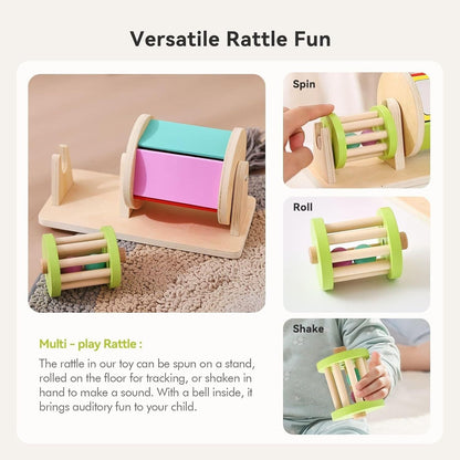 Montessori Wooden Rolling Drum Toy with Acrylic Mirror, Calming Sound, Safe for Ages 3+
