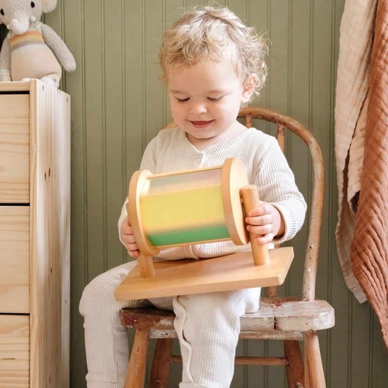Montessori Wooden Rolling Drum Toy with Acrylic Mirror, Calming Sound, Safe for Ages 3+