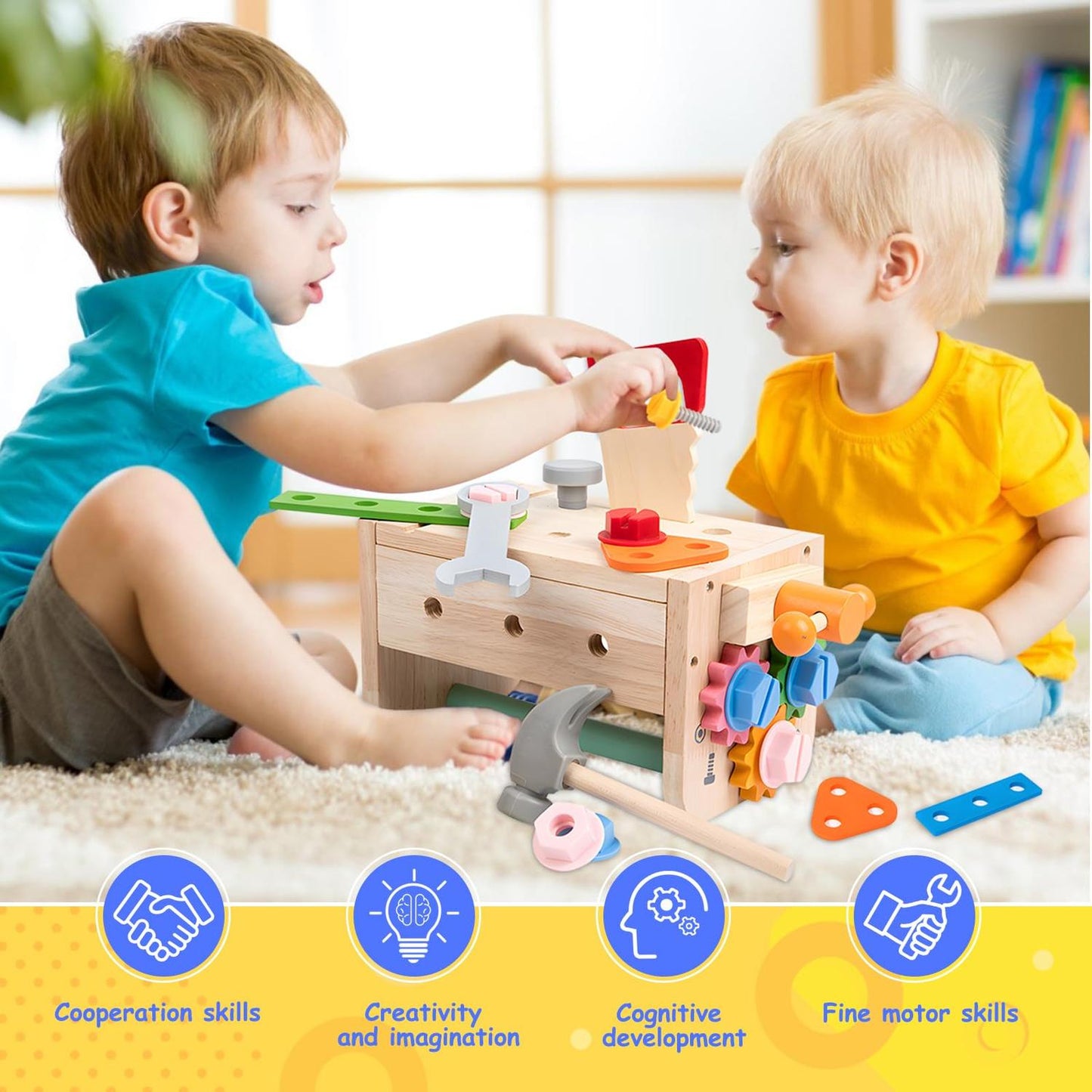 Montessori Wooden Tool Bench Toy Set, Construction Role Play Game, Safe for Ages 3+